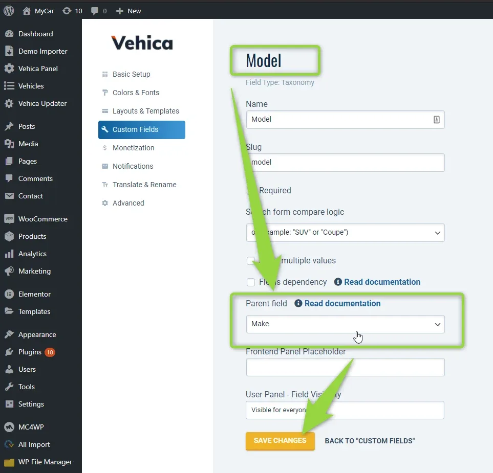 The Model field settings, of type Taxonomy, with Parent field set to Make and an arrow pointing to the Save Changes button