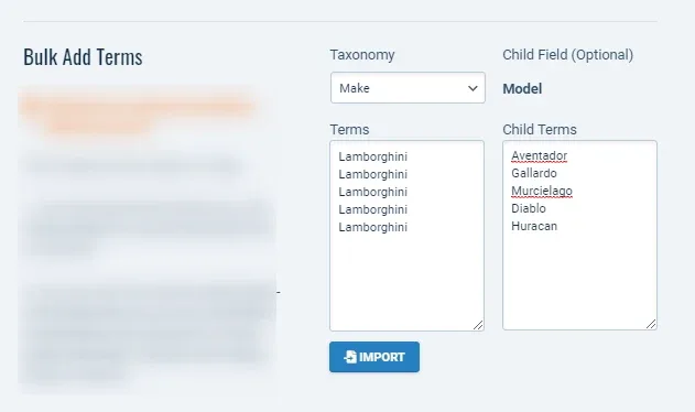 Bulk Add Terms with Taxonomy set to Make and Child Field set to Model: Lamborghini repeated on five lines in Terms, and Aventador, Gallardo, Murcielago, Diablo and Huracan in Child Terms
