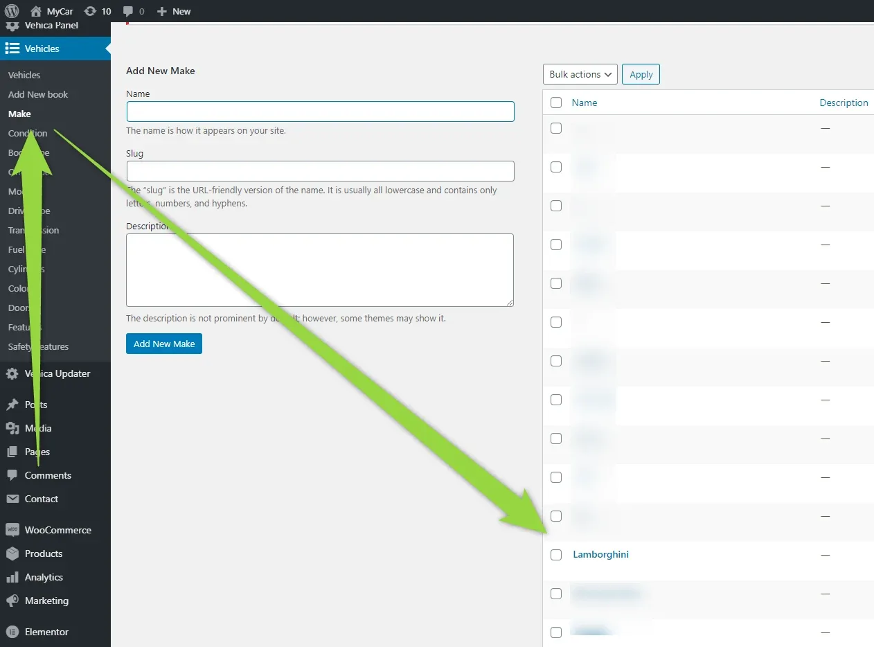 The WordPress Make term list with an arrow pointing to the newly added Lamborghini term