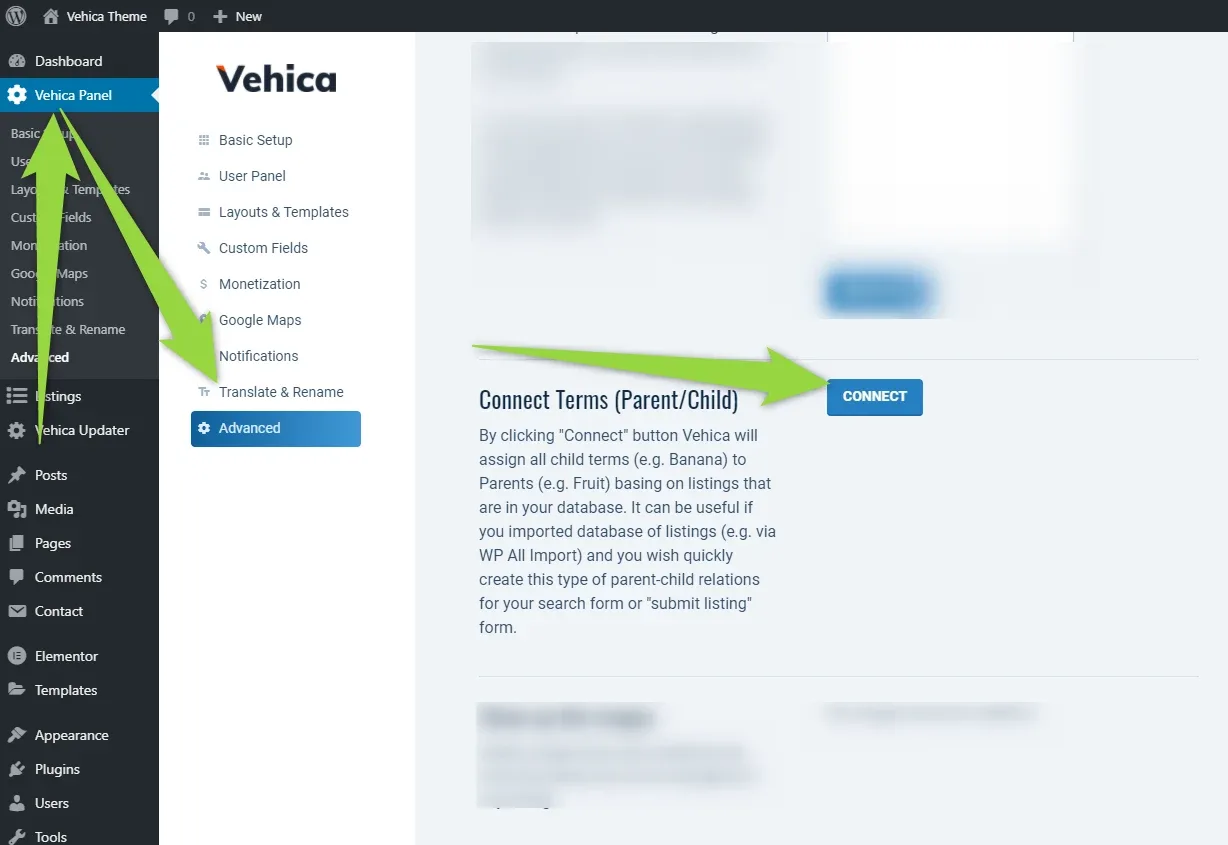 Vehica Panel > Advanced with arrows leading from the Advanced tab to the Connect button beside the Connect Terms (Parent/Child) section