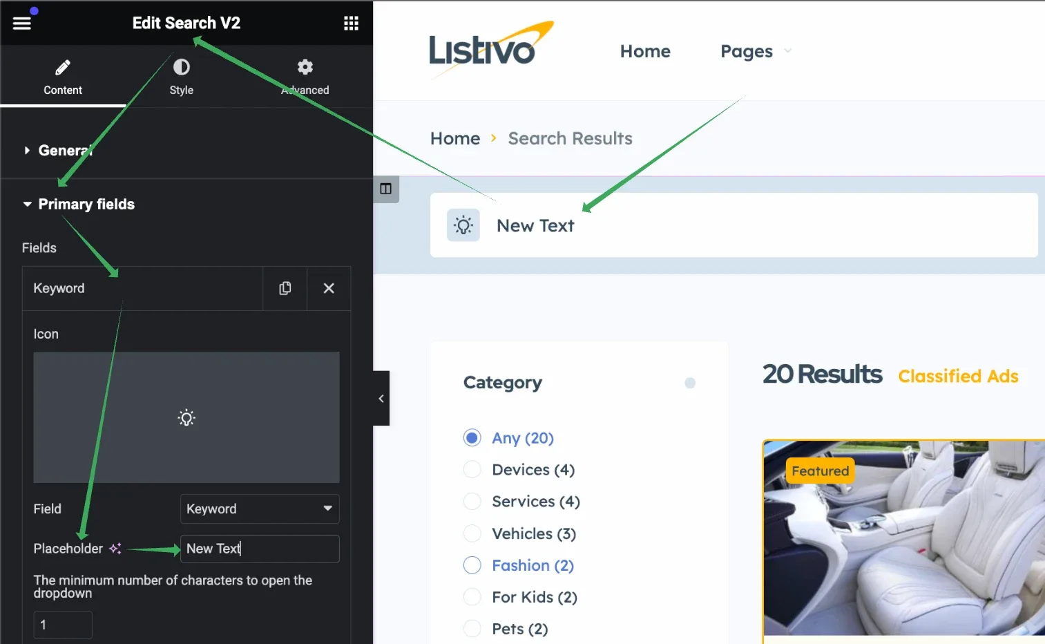 Elementor's Edit Search V2 panel with the Keyword field's Placeholder set to "New Text", and the same text appearing in the search bar of the live preview.
