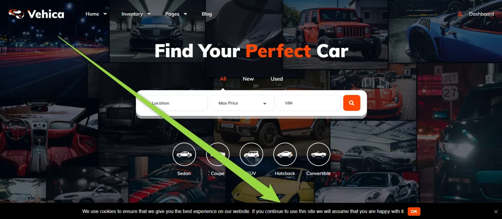 A Vehica homepage with the "Find Your Perfect Car" search panel, and a dark cookie bar pinned across the bottom of the window with its consent sentence on the left and a small orange OK button on the right.