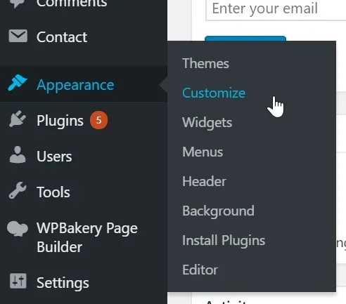 The WordPress admin sidebar with the Appearance flyout menu open and Customize highlighted above Widgets, Menus and Header.
