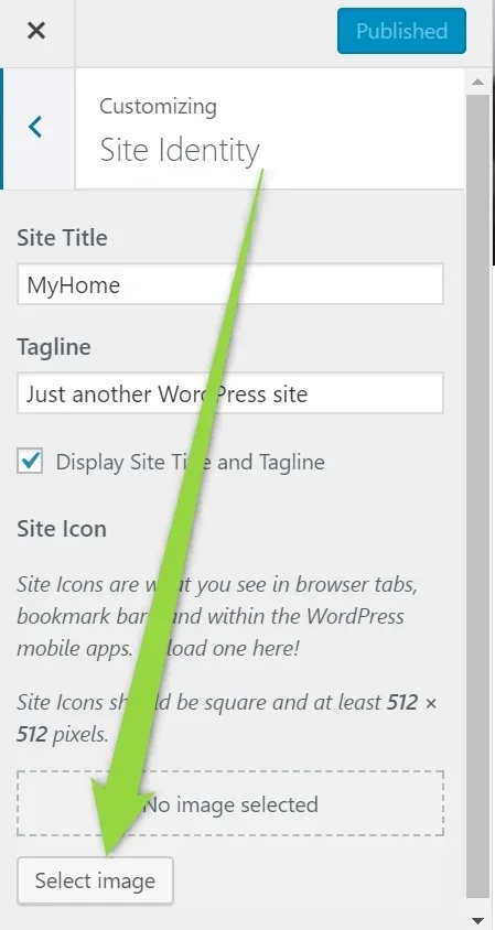 The Site Identity panel with the Site Title field reading MyHome, a Site Icon area reading "No image selected", and an arrow pointing at the Select image button.