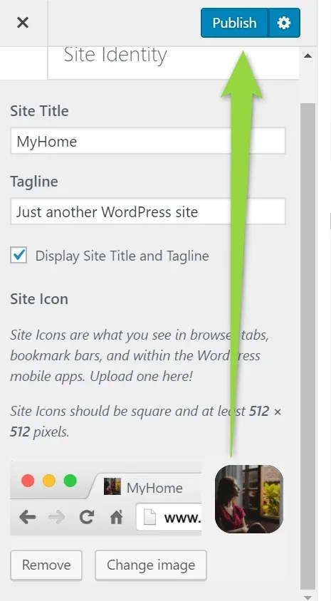 The same Site Identity panel after an icon has been uploaded, showing a browser-tab preview next to the icon thumbnail and an arrow pointing at the blue Publish button.