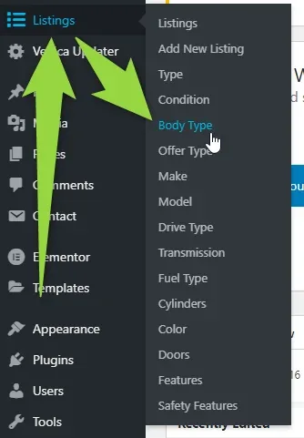 WordPress admin sidebar with the Listings menu open, green arrows pointing at Listings and at the Body Type entry in its submenu