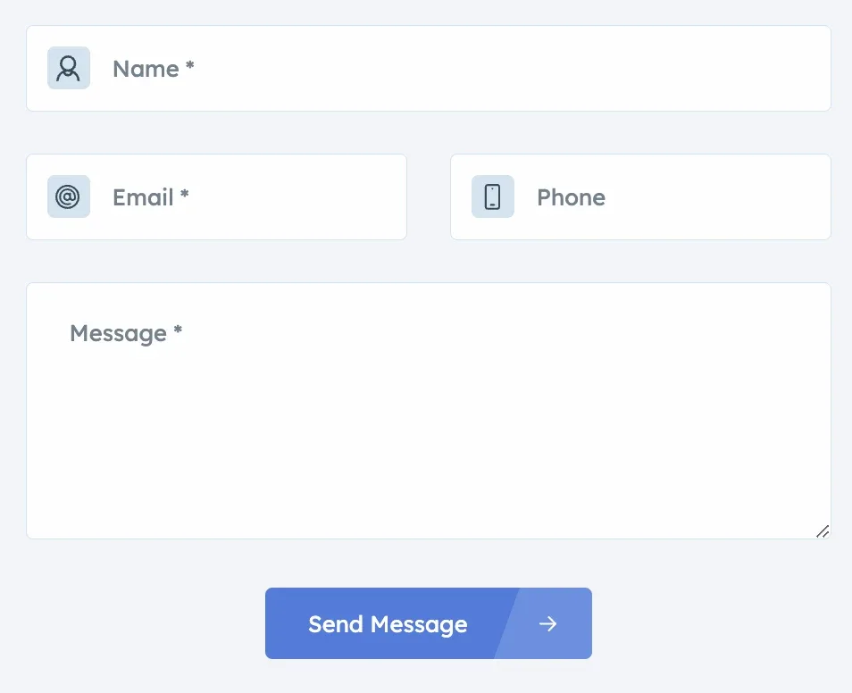 The Listivo contact form on the front end, with Name, Email, Phone and Message fields and a blue Send Message button.