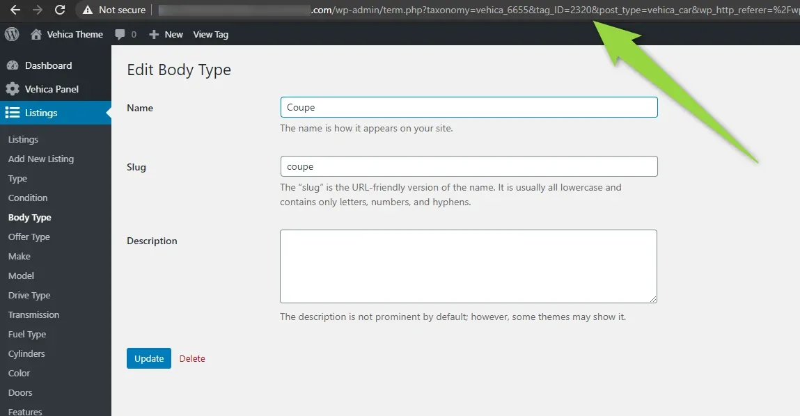 Edit Body Type screen with the name and slug set to Coupe, a green arrow pointing at the browser address bar where the URL contains tag_ID=2320
