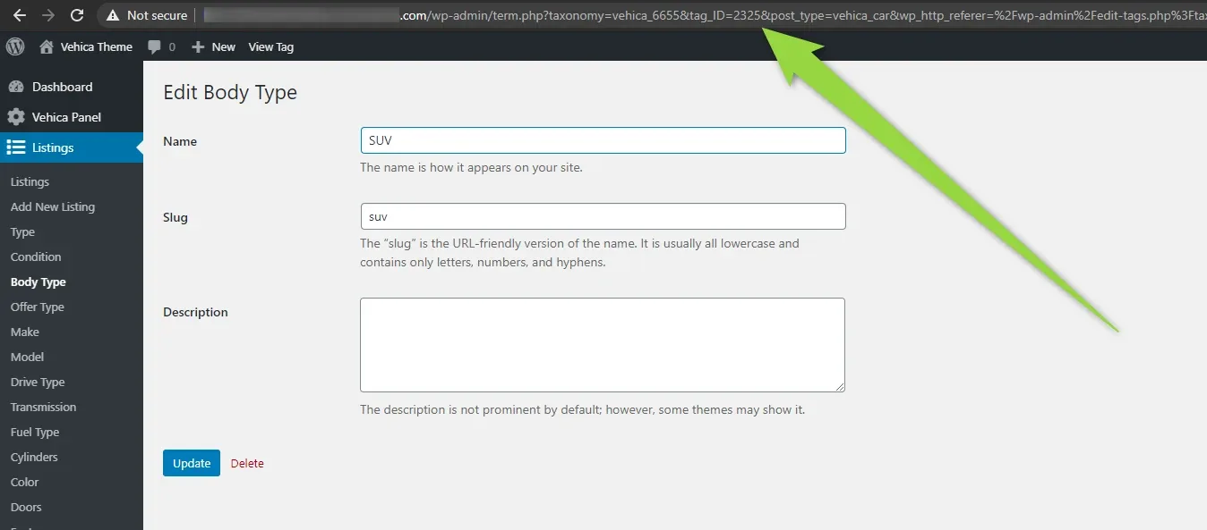 Edit Body Type screen with the name field set to SUV, a green arrow pointing at the browser address bar holding this term's tag_ID