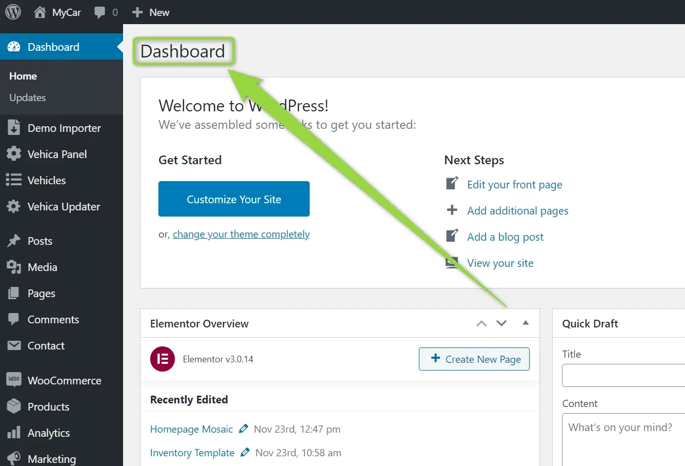 WordPress admin dashboard with the "Dashboard" page title outlined in green and a green arrow pointing to it; the left menu shows Demo Importer, Vehica Panel, Vehicles and Vehica Updater.