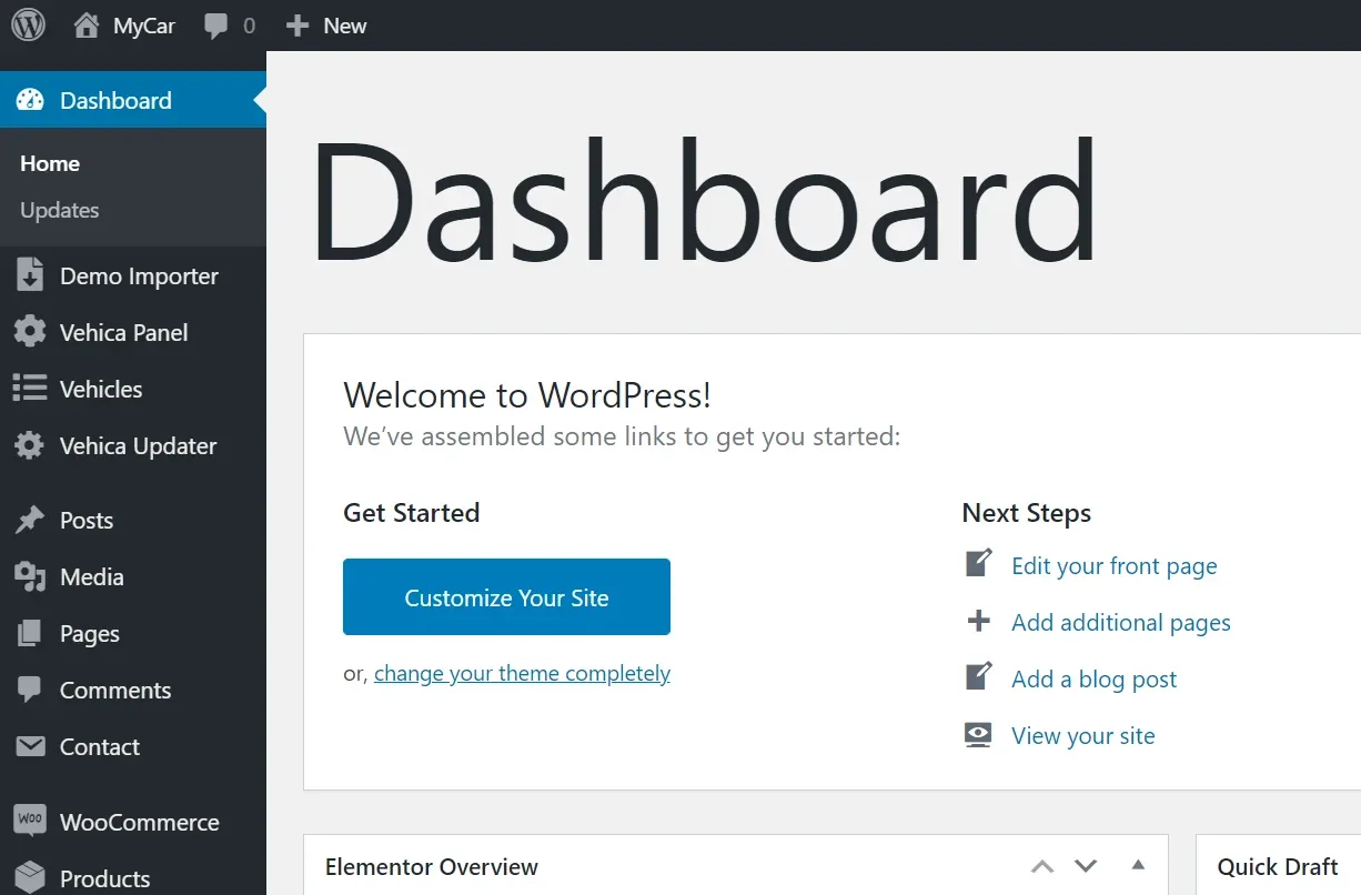 The same dashboard after the CSS is applied: the "Dashboard" heading now runs across the whole top of the page in oversized type, pushing the "Welcome to WordPress!" panel down.