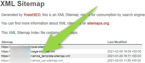 Yoast SEO XML Sitemap index page listing post-sitemap.xml, page-sitemap.xml, vehica_template-sitemap.xml and vehica_car-sitemap.xml with their last-modified dates