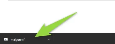 The browser download bar at the bottom of the window with the downloaded file malgun.ttf, marked by a green arrow.
