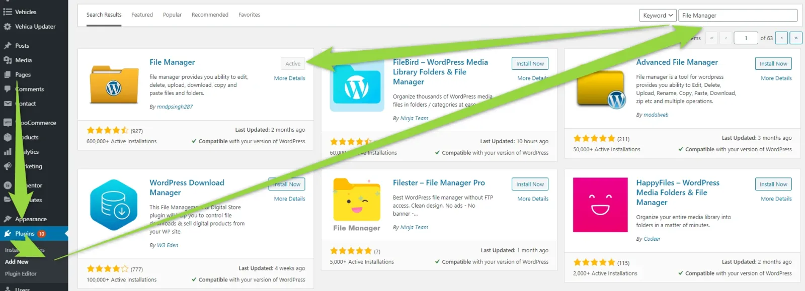 The WordPress Add Plugins screen with "File Manager" searched; the first card, File Manager, is outlined in green, with arrows pointing at it, at the search box and at the Plugins menu item.