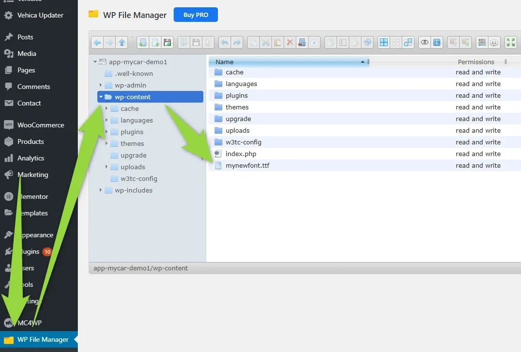 The WP File Manager screen with the wp-content folder selected in the tree on the left and its contents listed on the right — cache, languages, plugins, themes, upgrade, uploads, w3tc-config, index.php and the uploaded mynewfont.ttf.