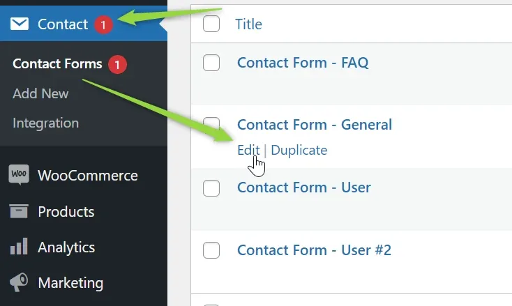 The Contact Forms list in wp-admin showing Contact Form - FAQ, General, User and User #2, with the Edit link under Contact Form - General highlighted.
