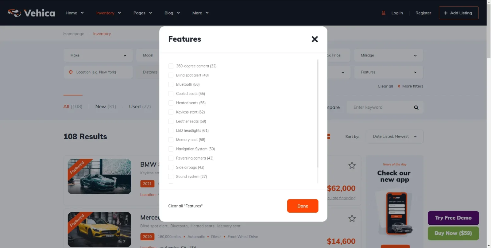 Vehica inventory page with the Features checkbox popup open, showing a long scrollable list of feature checkboxes with a result count after each one, a “Clear all Features” link and an orange Done button