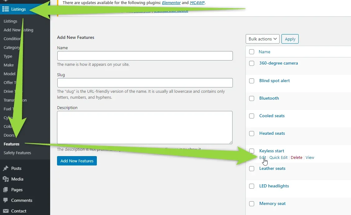 WordPress Features taxonomy screen: Add New Features form on the left, term list on the right (360-degree camera, Blind spot alert, Bluetooth, Cooled seats, Keyless start), green arrows on Features in the menu and on the Edit link under Keyless start