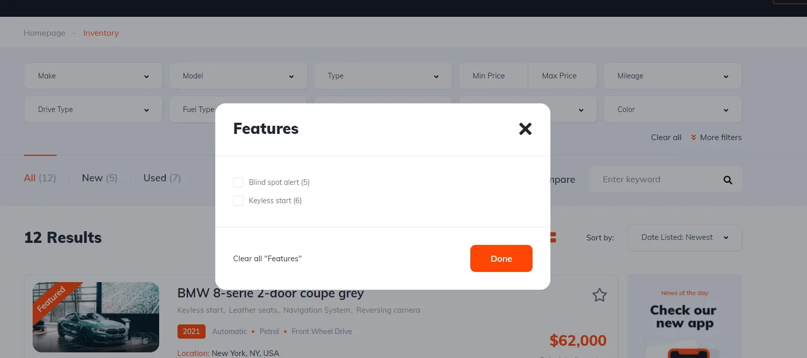 The Features popup on the inventory page now showing only two checkboxes, Blind spot alert and Keyless start, with the page reporting 12 results