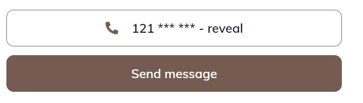 Contact area of a listing with an outlined button showing a phone icon and the partly masked number "121 *** *** - reveal", above a solid brown "Send message" button.