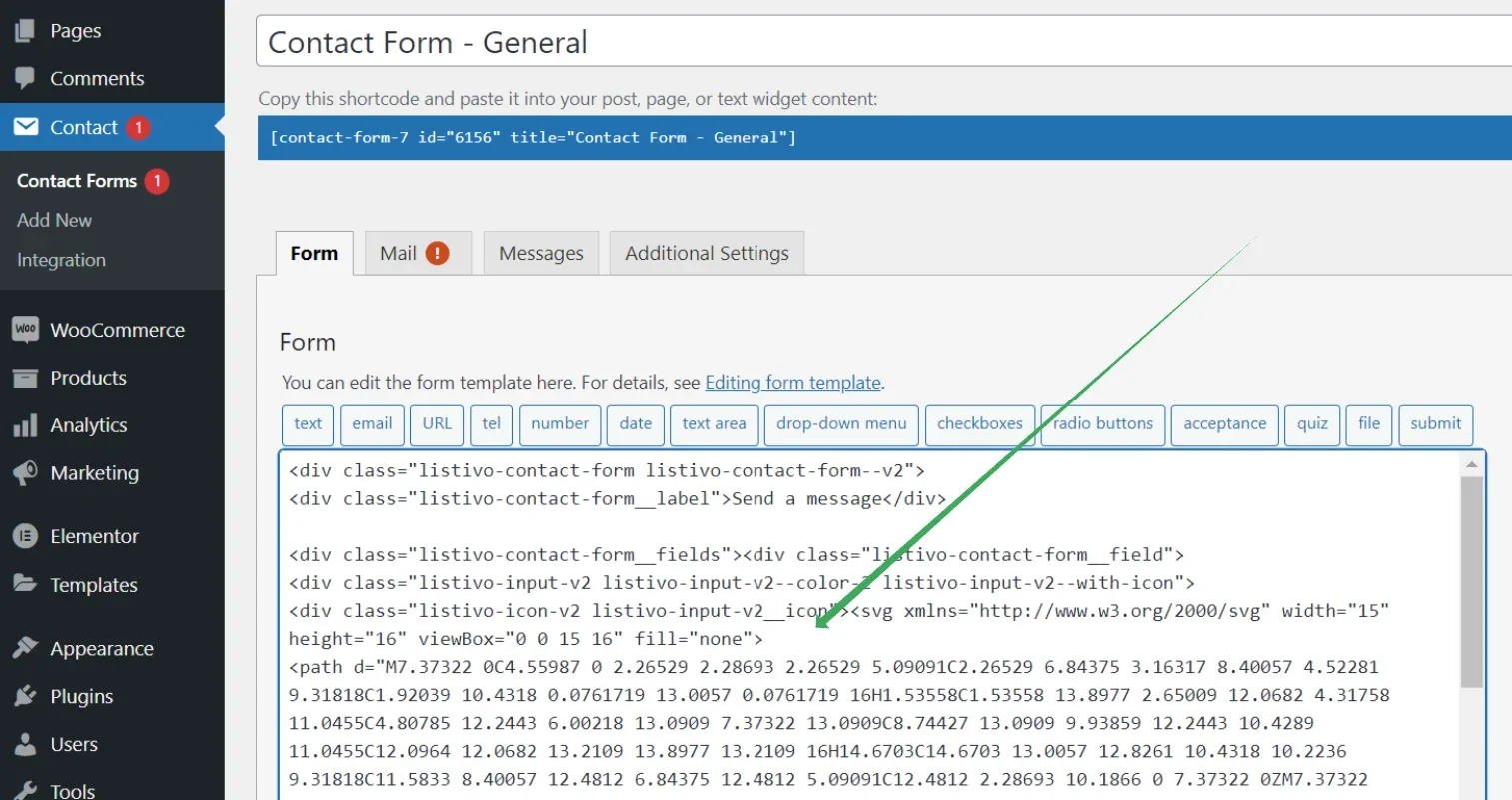 The Contact Form - General editor on the Form tab, with the shortcode at the top and a form template full of Listivo markup and inline SVG icons.