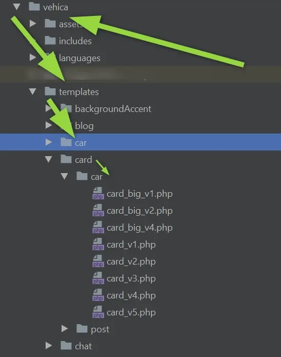 Editor file tree of the vehica theme folder: templates > card > car, holding card_big_v1.php, card_big_v2.php, card_big_v4.php and card_v1.php through card_v5.php; green arrows trace the path down to that folder