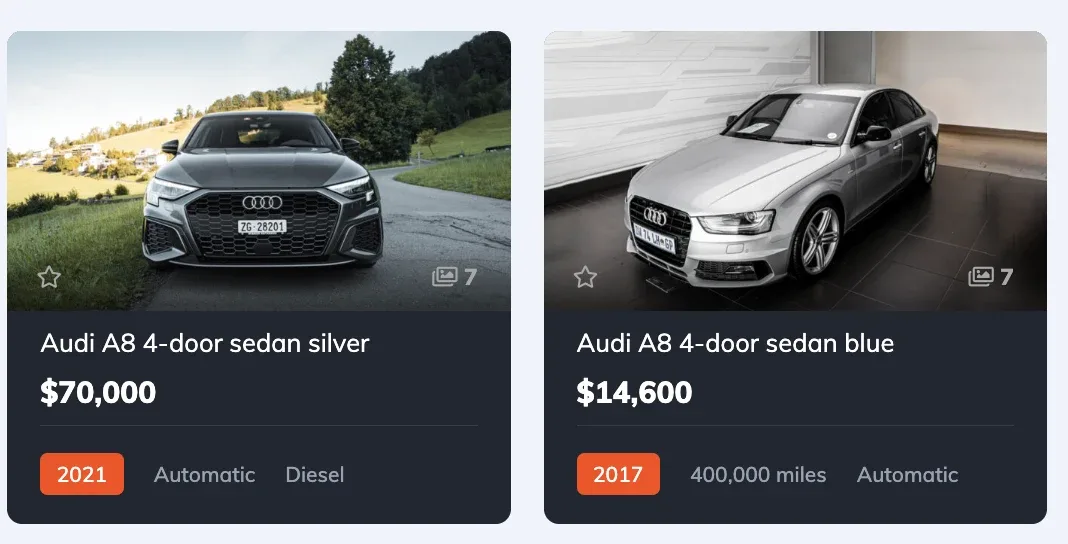 Two Vehica listing cards side by side, each with a wide landscape photo of an Audi above the title, the price and a row of badges for year, mileage, transmission and fuel