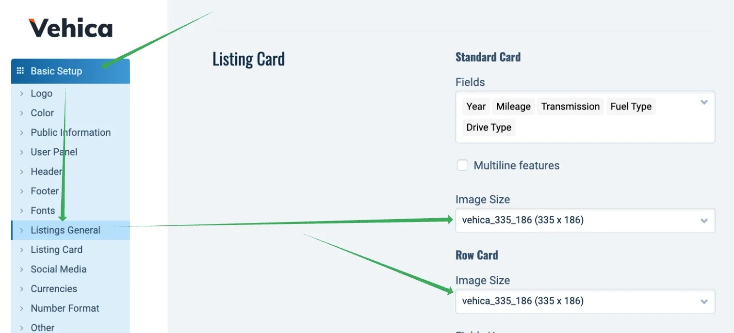 Vehica Panel Basic Setup with Listings General selected in the left menu; the Listing Card panel shows Standard Card and Row Card, each with an Image Size dropdown set to vehica_335_186 (335 x 186); green arrows point at the menu entry and both dropdowns