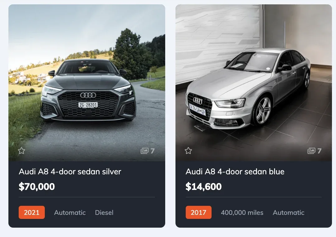 The same two Audi listing cards, this time with tall, almost square photos filling the upper part of each card