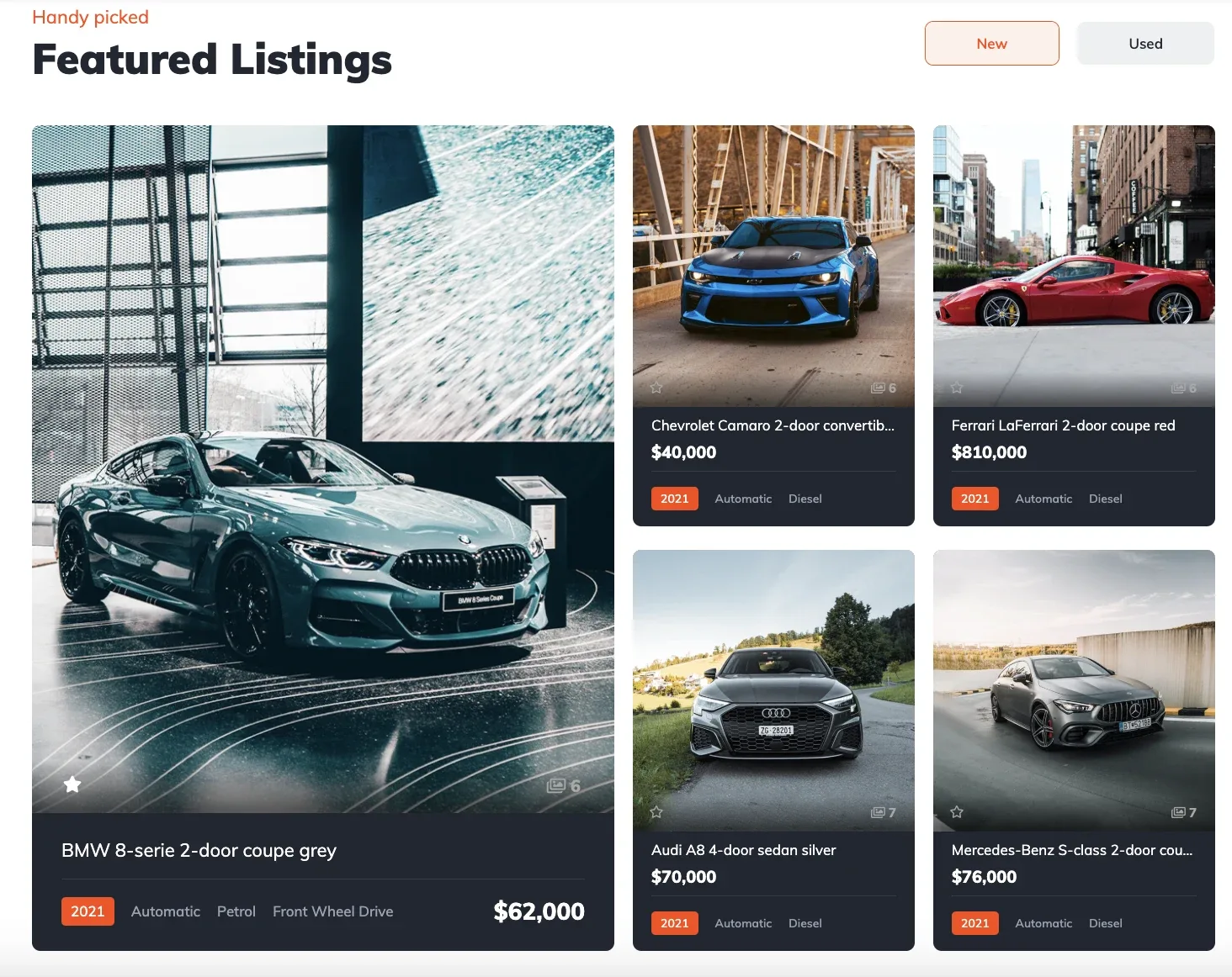A Featured Listings widget: one large BMW card on the left running the full height of the block, and four smaller cards on the right for a Chevrolet Camaro, a Ferrari, an Audi A8 and a Mercedes-Benz S-class