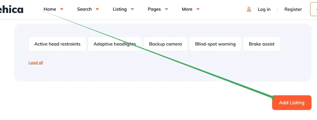 Bottom of the front-end Add Listing form: feature chips such as Active head restraints, Adaptive headlights and Backup camera with a "Load all" link, and a green arrow pointing to the orange "Add Listing" button in the lower right.
