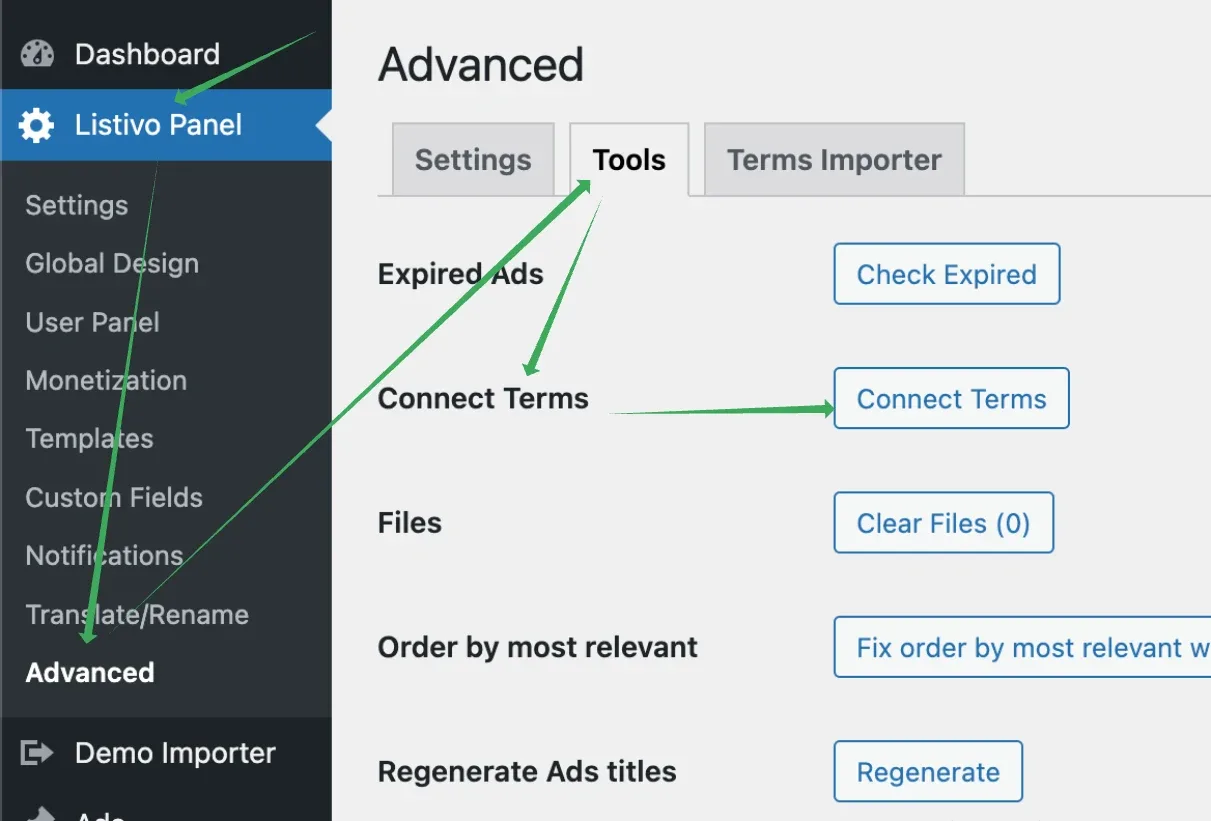 The Advanced screen of the Listivo Panel with the Tools tab open, listing Expired Ads, Connect Terms, Files and more. Green arrows point from Advanced in the sidebar to the Tools tab and to the "Connect Terms" button.