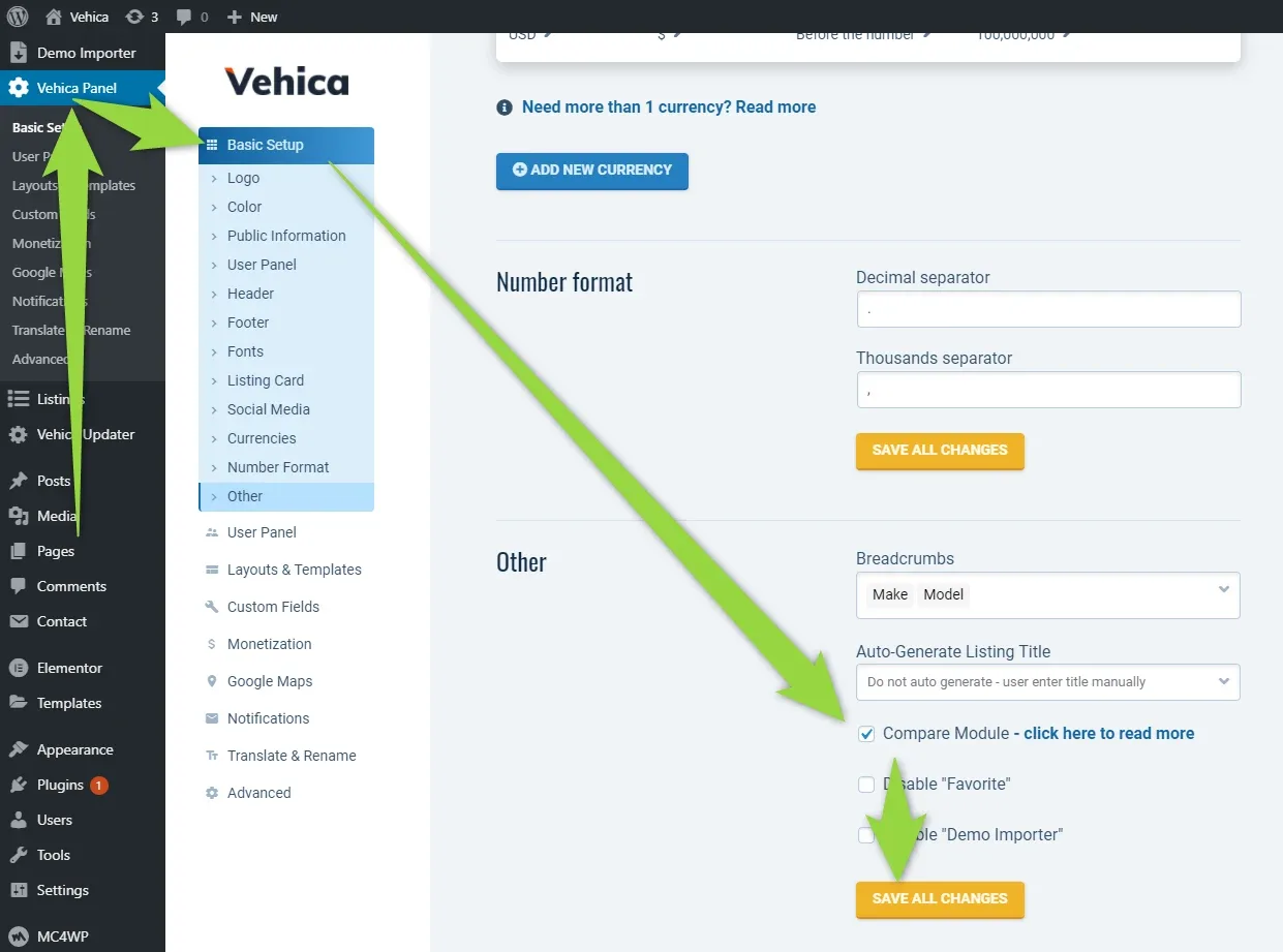Vehica Panel in the WordPress admin, Basic Setup > Other screen, with green arrows pointing to the ticked “Compare Module – click here to read more” checkbox and to the orange “Save all changes” button.