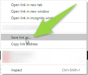 Browser right-click menu over the template link, with “Save link as…” highlighted and a green arrow pointing at it.