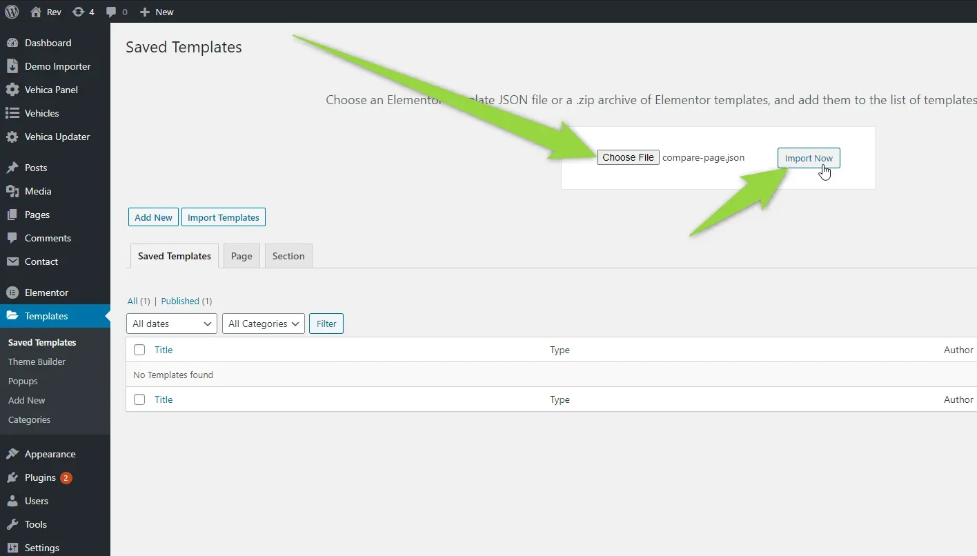 The import panel open on the Saved Templates screen, showing the “Choose File” button with compare-page.json selected and a green arrow pointing at the “Import Now” button.