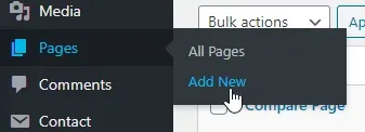 WordPress admin sidebar with the Pages submenu open, showing “All Pages” and the “Add New” link under the cursor.