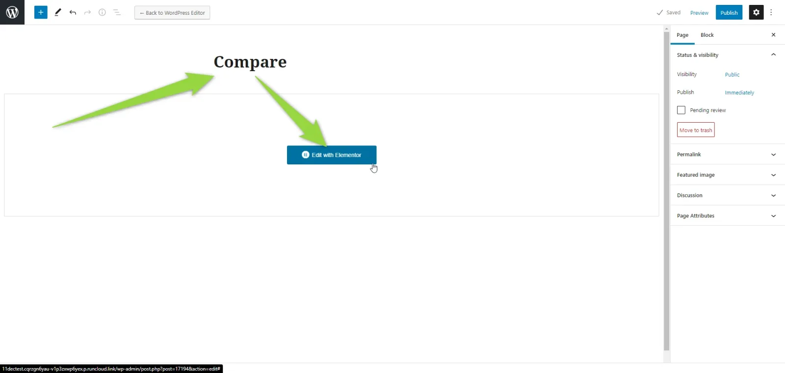 WordPress block editor with a new page titled “Compare”, empty content, and green arrows pointing at the blue “Edit with Elementor” button.