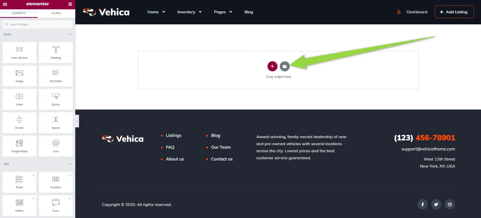 Elementor editing an empty Vehica page, with a green arrow pointing at the add-template folder icon beside the plus button in the “Drag widget here” area.