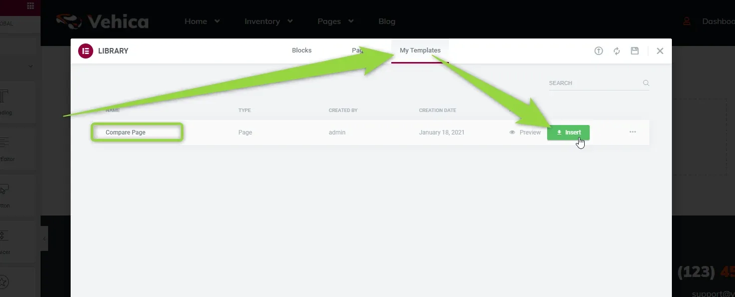 The Elementor library window on the “My Templates” tab, listing a page template named “Compare Page”, with arrows pointing at the tab, at the template name and at the green Insert button.