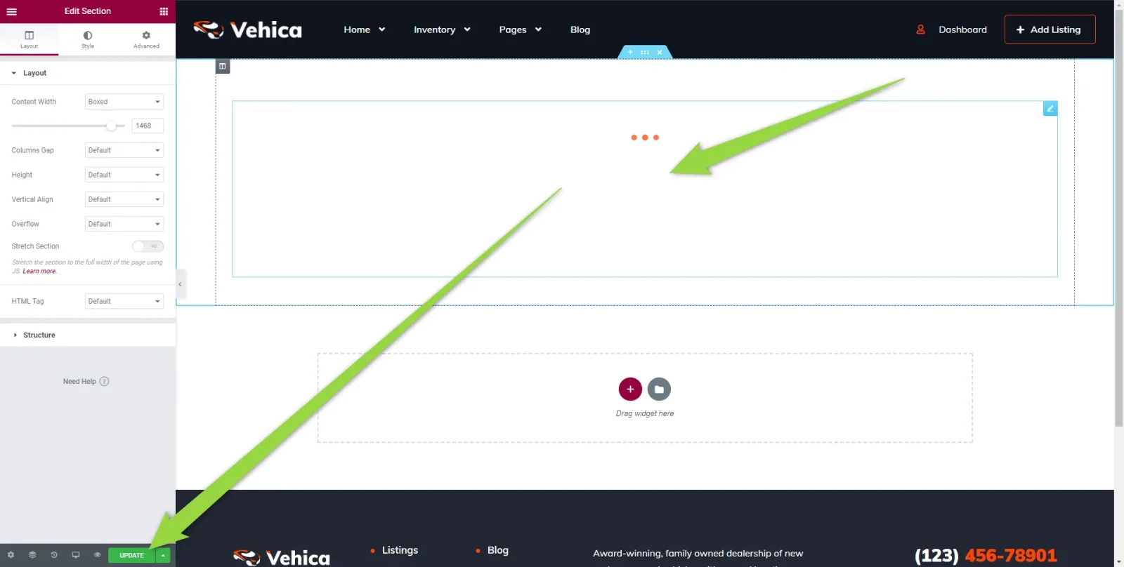 Elementor with the imported section on the page showing a three-dot loading indicator, the Edit Section panel open on the left, and a green arrow pointing at the Publish button at the bottom.