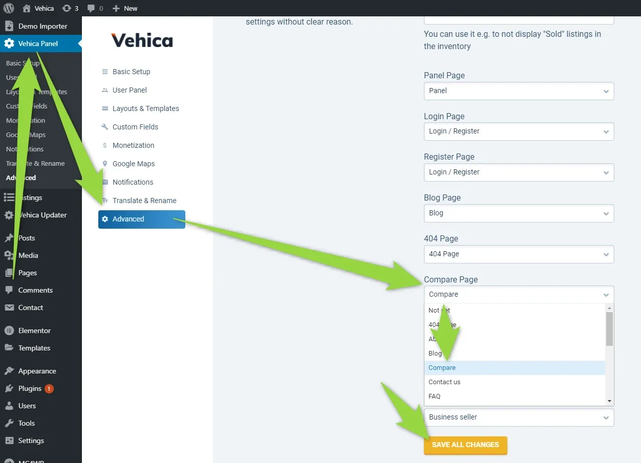 Vehica Panel > Advanced screen with a list of page assignments (Panel, Login, Register, Blog, 404) and the “Compare Page” dropdown open with “Compare” highlighted; arrows point at the dropdown and at the “Save all changes” button.