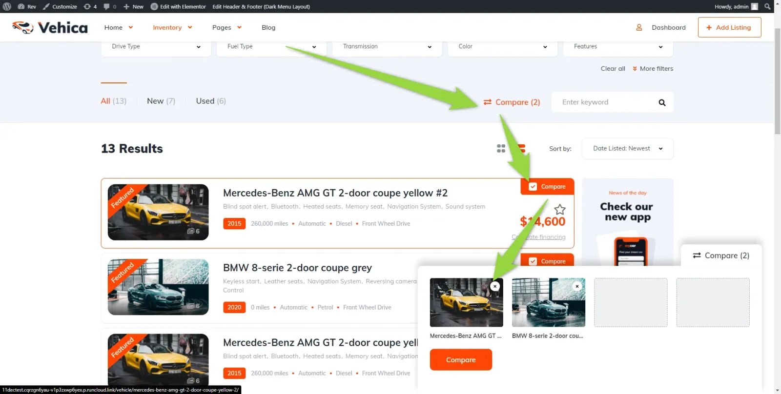 Vehica inventory page with 13 results; each listing card has an orange Compare button, a “Compare (2)” counter sits above the results, and a compare tray at the bottom right shows two selected cars with a Compare button.
