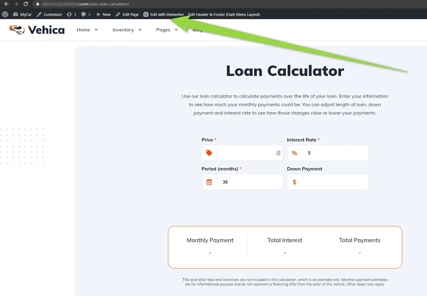 The front-end Loan Calculator page with the WordPress admin bar on top and an arrow pointing to the Edit with Elementor entry