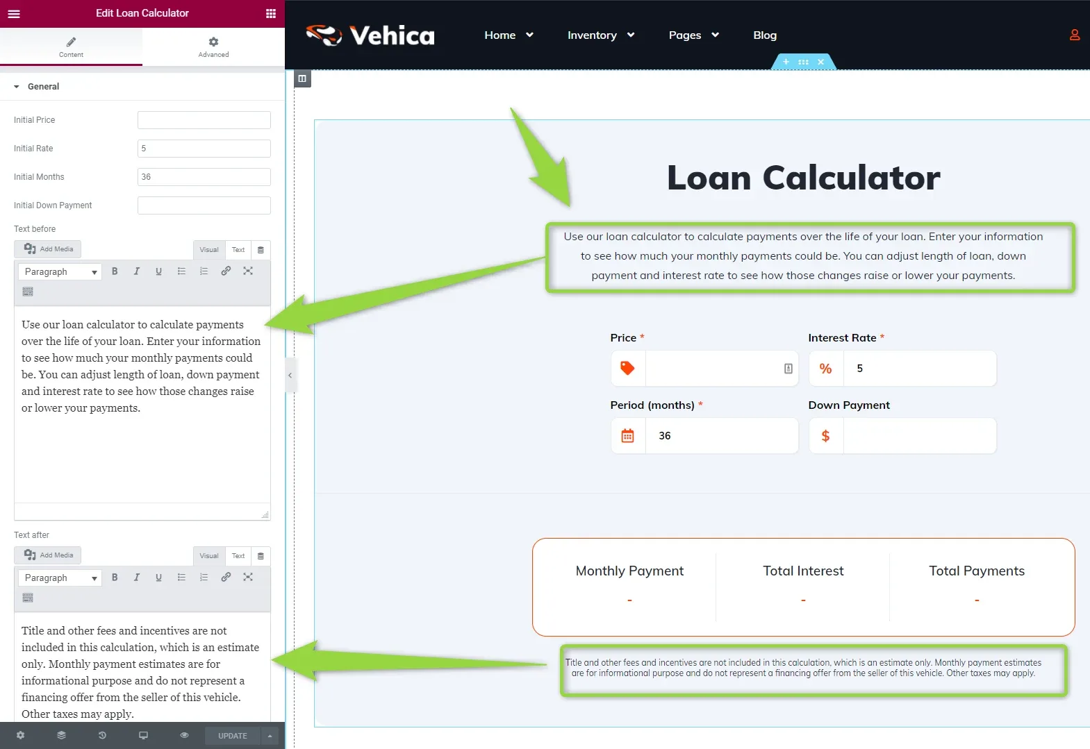The Elementor editor with the Loan Calculator widget selected, showing the Initial Price, Initial Interest Rate, Initial Months and Initial Down Payment settings and the Text before and Text after editors, with arrows to the intro paragraph and the footnote on the page