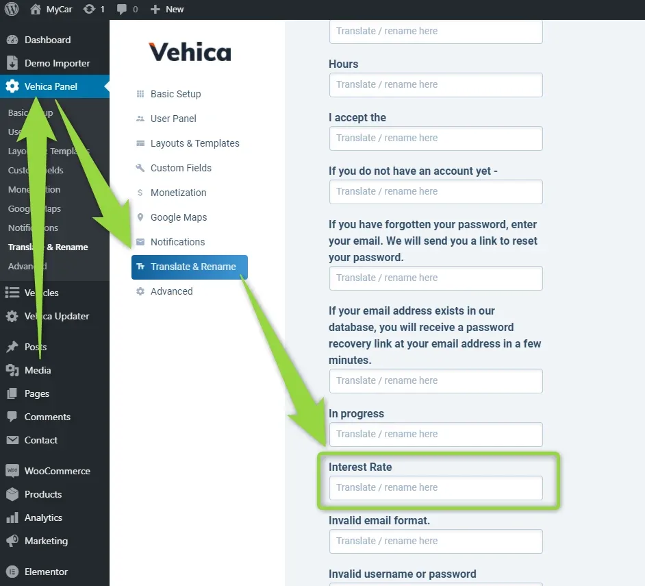 The Translate & Rename screen in the Vehica Panel, with arrows from the menu entry to the highlighted Interest Rate row and its empty translate / rename field