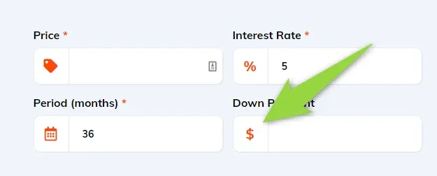 A close-up of the calculator fields with an arrow pointing at the dollar sign icon in the Down Payment field