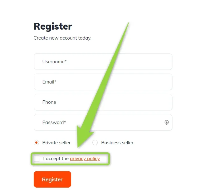 Vehica registration form with username, email, phone and password fields, seller type radio buttons, and a green arrow pointing at the highlighted “I accept the privacy policy” checkbox above the Register button.
