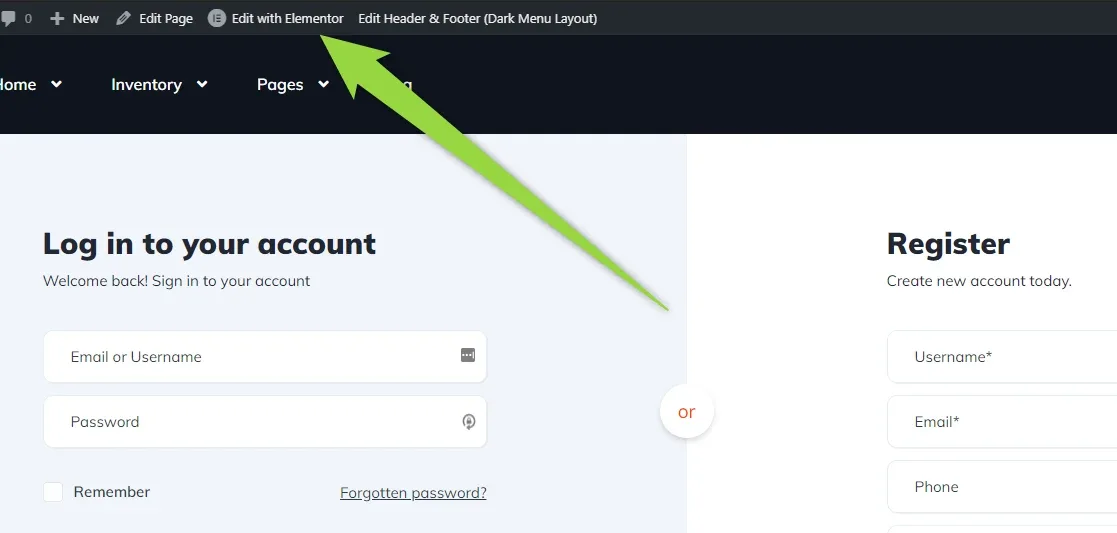 The Vehica login and register page in WordPress with the admin bar at the top and a green arrow pointing at the “Edit with Elementor” button.