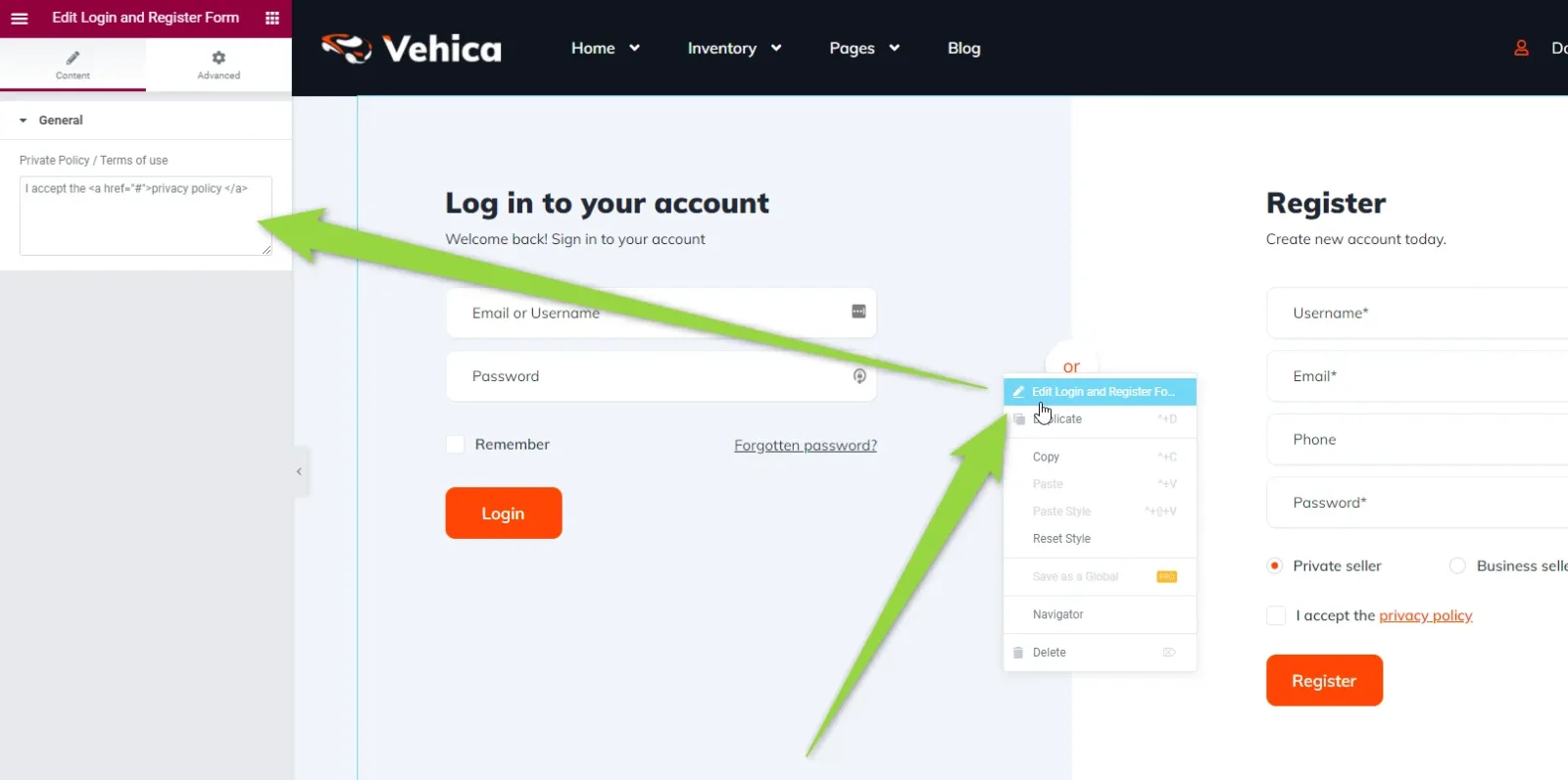 Elementor editing the Vehica login and register page: the “Edit Login and Register Form” panel is open on the left with the consent text field, and the widget context menu is open over the form in the canvas.