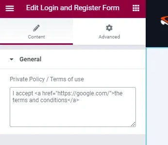 The same Elementor textarea, now containing “I accept” followed by an anchor tag pointing to https://google.com/ around the words “the terms and conditions”.